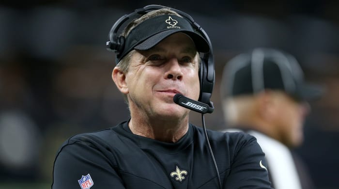 New Orleans Saints head coach Sean Payton on the sidelines in the second quarter against the Carolina Panthers.